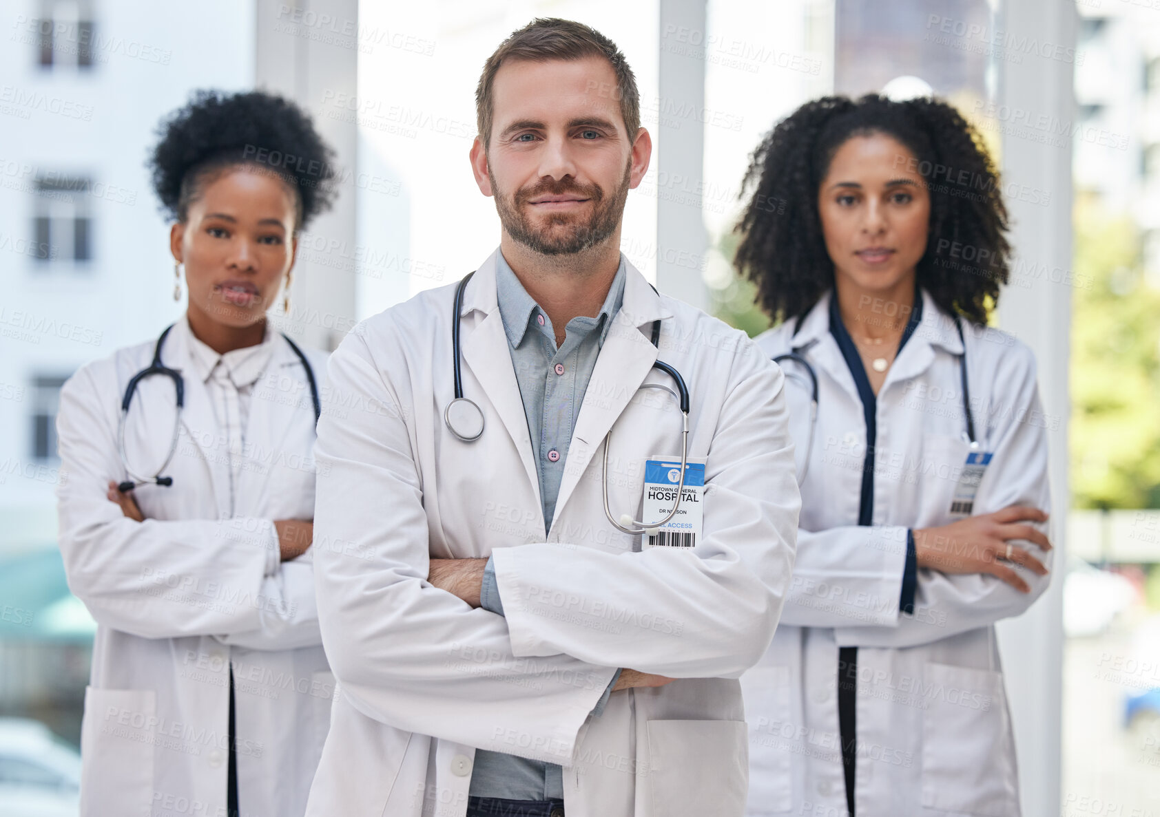 Buy stock photo Portrait, serious and doctors at hospital proud, empowered and focus on medical, mindset and collaboration. Face, healthcare and health expert team united in innovation, teamwork or support at clinic