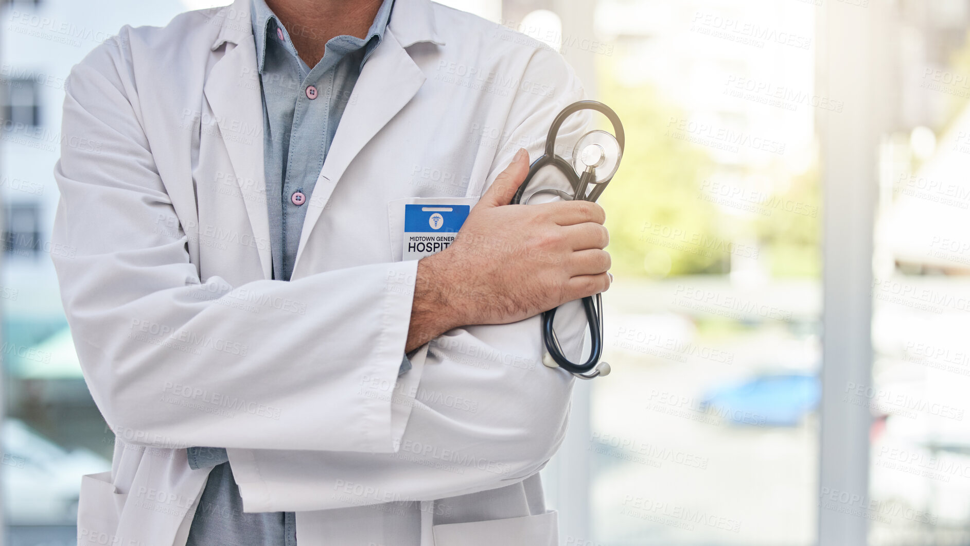 Buy stock photo Doctor, healthcare and professional man, arms crossed and medical innovation, leader and medicine mission. Health, stethoscope and cardiology expert, confident surgeon and male physician in clinic