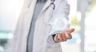 Buy stock photo Medical, science and hologram with hands of doctor and 3d nucleus for biology, research and future. Healthcare, medicine and neurology with man holding human stem cell for organisms, energy and dna