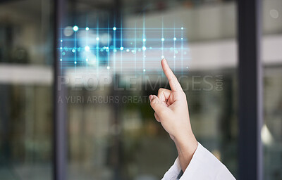 Buy stock photo Hand, heartbeat and futuristic cardiology doctor pointing to stats and analytics. Clinic, wellness and health research hologram with a hospital employee checking laboratory and medical information