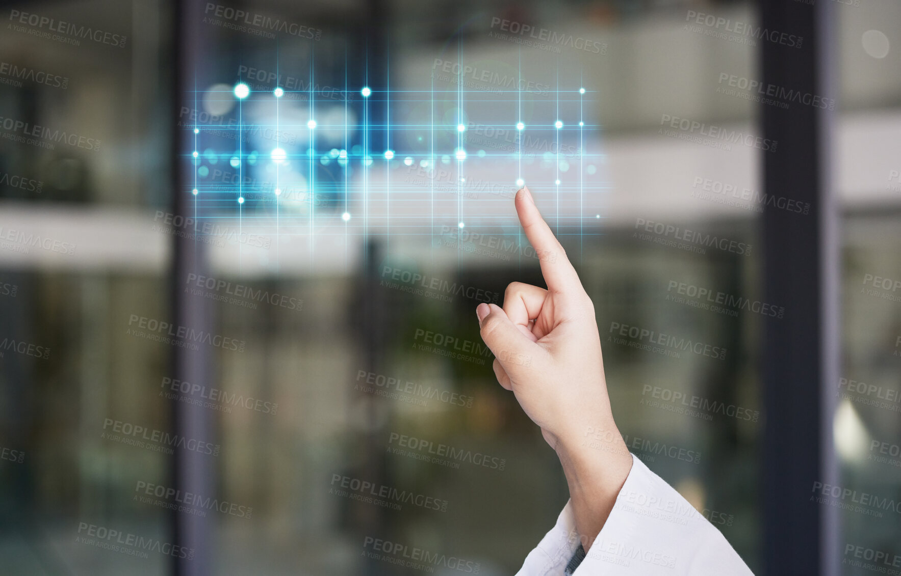 Buy stock photo Hand, heartbeat and futuristic cardiology doctor pointing to stats and analytics. Clinic, wellness and health research hologram with a hospital employee checking laboratory and medical information