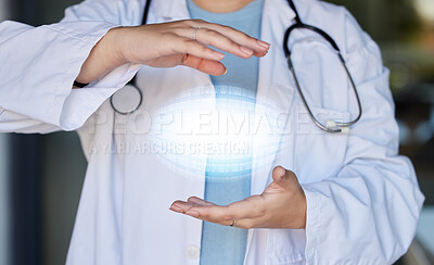 Buy stock photo Futuristic healthcare, hologram and hands of doctor with AI, 3d abstract and digital overlay for medical research. Hospital, insurance and woman health worker online for telehealth, data and wellness