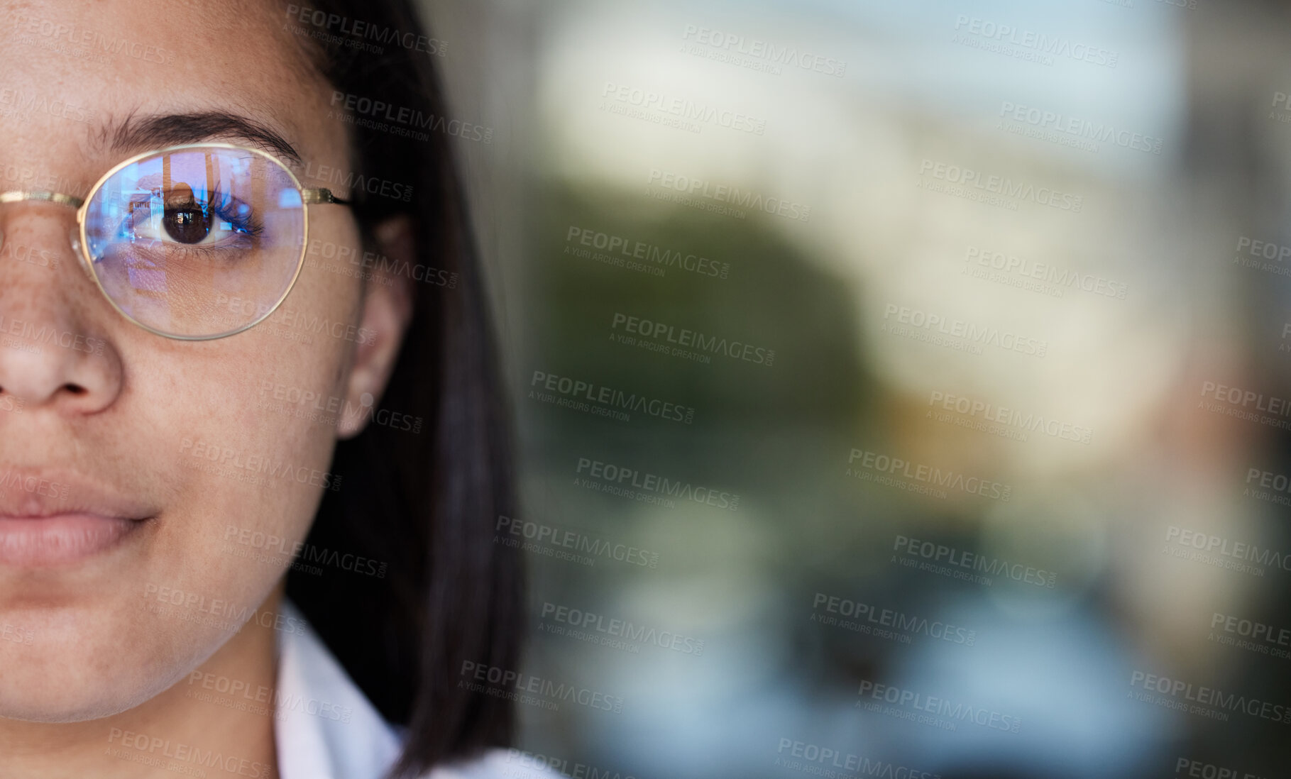 Buy stock photo Mockup, healthcare and portrait of serious doctor for consulting, medical care and life insurance. Medicine, hospital and face of woman health worker with copy space, glasses and vision for wellness