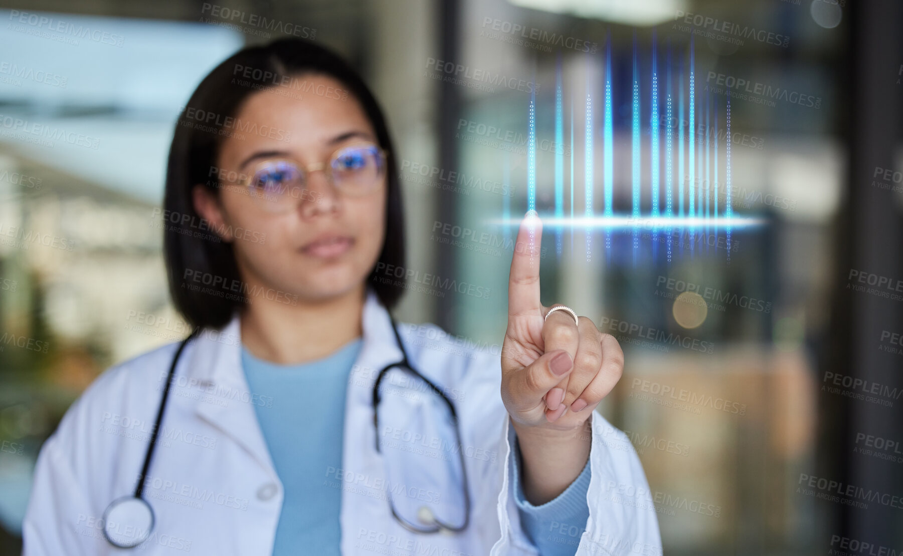 Buy stock photo Doctor hand, futuristic chart and finger of healthcare employee with hospital stats or analytics. Clinic, 3d or AI health research hologram with a worker checking lab medical information in metaverse