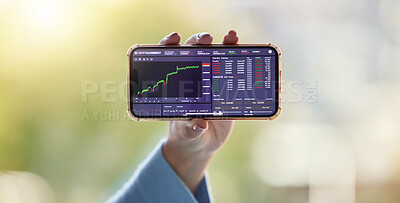 Buy stock photo Stock market screen, chart and hand with phone for crypto, trading analysis and bitcoin website. Fintech mockup, ecommerce and woman on smartphone for financial statistics, profit data and investment