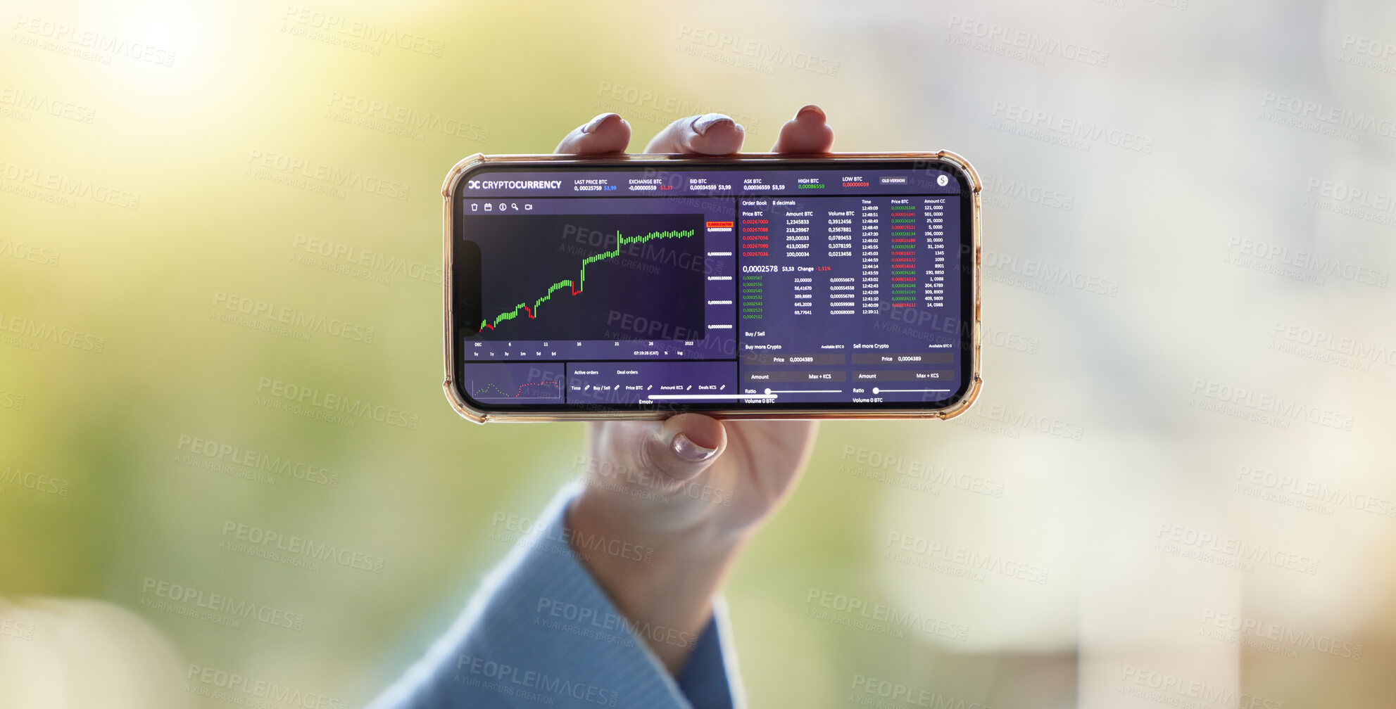 Buy stock photo Stock market screen, chart and hand with phone for crypto, trading analysis and bitcoin website. Fintech mockup, ecommerce and woman on smartphone for financial statistics, profit data and investment