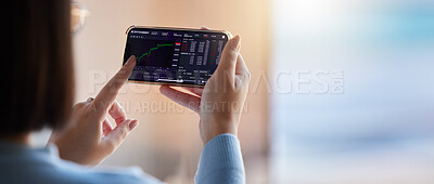 Buy stock photo Stock market, fintech chart and phone in hands of woman for crypto, trading analysis and bitcoin screen. Finance growth, ecommerce and girl on smartphone for financial statistics, profit and invest