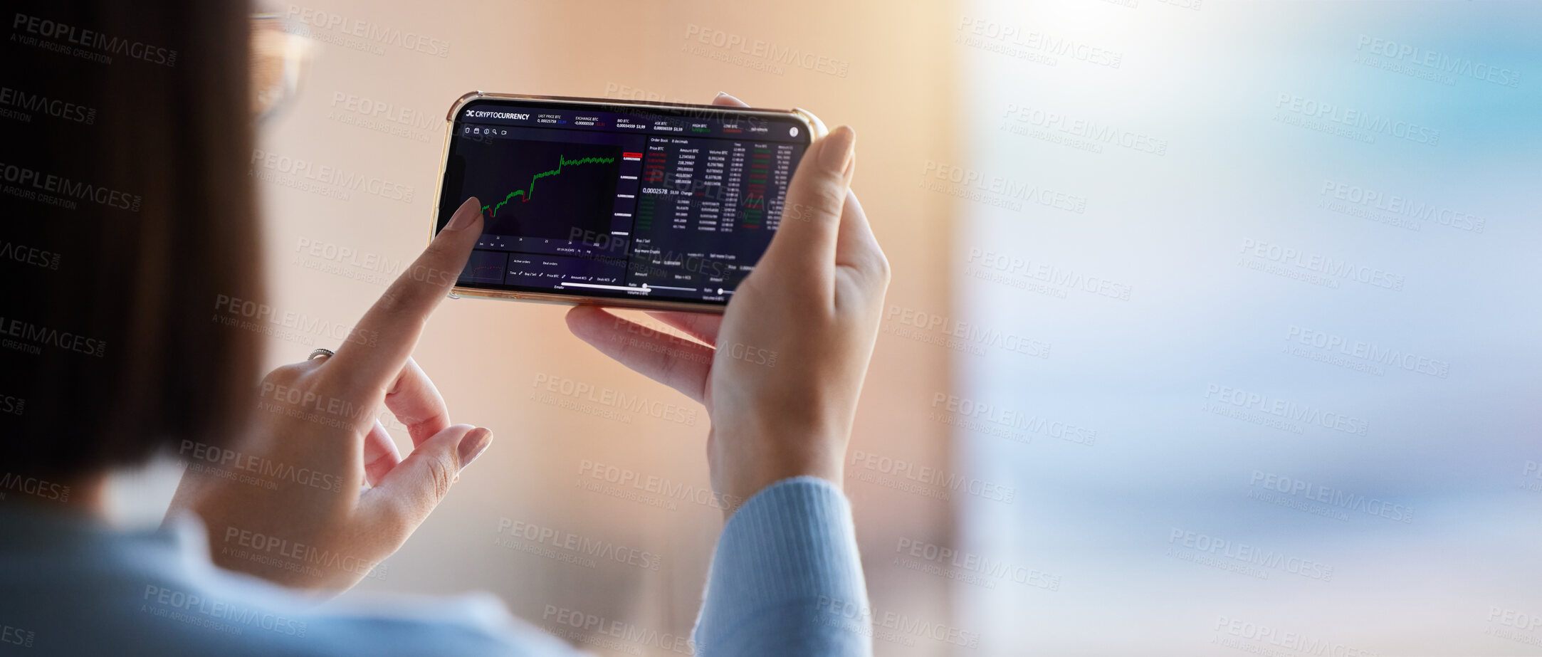 Buy stock photo Stock market, fintech chart and phone in hands of woman for crypto, trading analysis and bitcoin screen. Finance growth, ecommerce and girl on smartphone for financial statistics, profit and invest