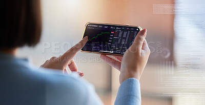 Buy stock photo Stock market, chart on screen and phone in hands of woman for crypto, trading analysis and bitcoin overlay. Fintech mockup, ecommerce and girl on smartphone for financial statistic, profit and invest