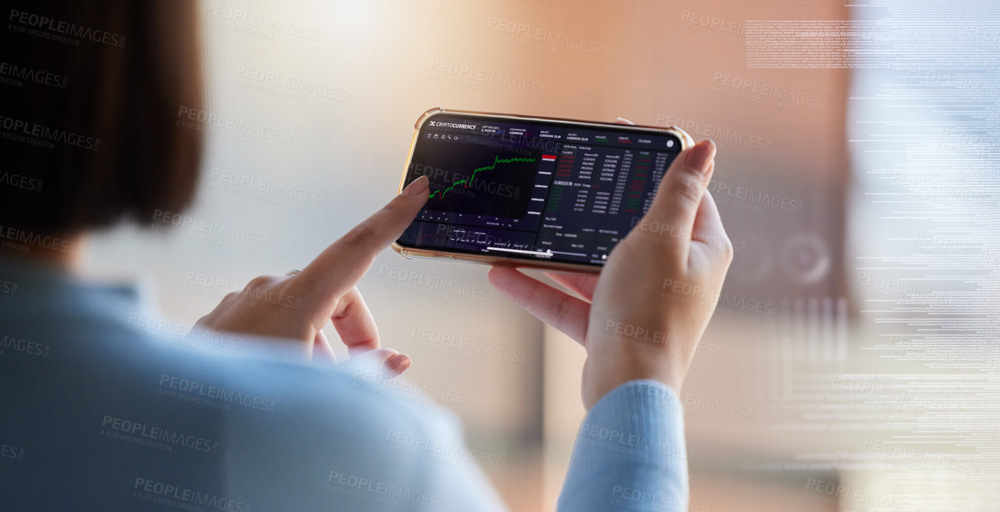 Buy stock photo Stock market, chart on screen and phone in hands of woman for crypto, trading analysis and bitcoin overlay. Fintech mockup, ecommerce and girl on smartphone for financial statistic, profit and invest