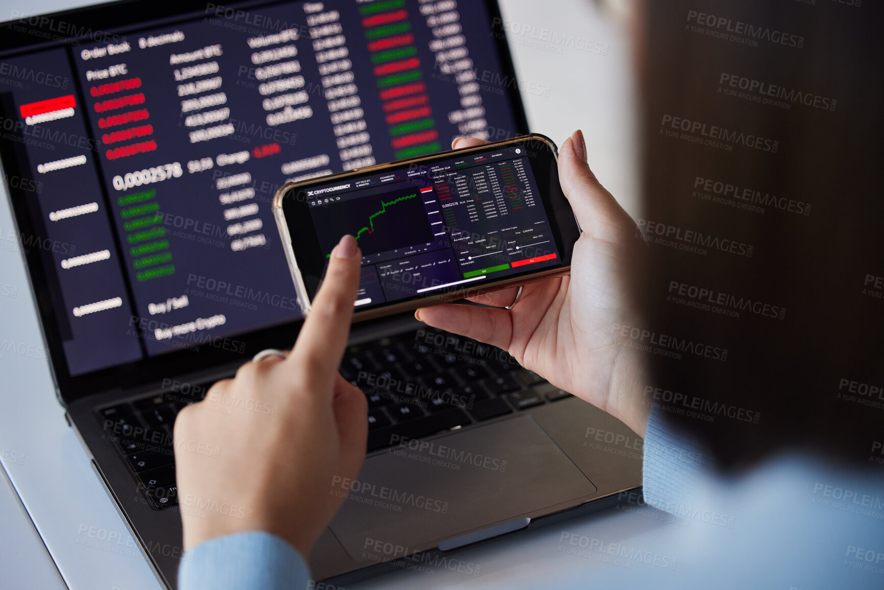 Buy stock photo Stock trading chart, laptop and phone in hands of woman for crypto, data analysis and bitcoin screen. Fintech growth, ecommerce and girl on technology for financial statistics, profit and investment