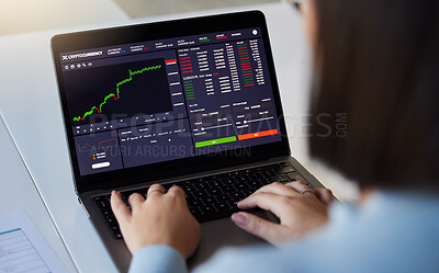 Buy stock photo Stock market, finance chart and woman on laptop for crypto, trading analysis and bitcoin screen. Fintech growth, ecommerce and girl on computer for financial statistics, profit and online investment