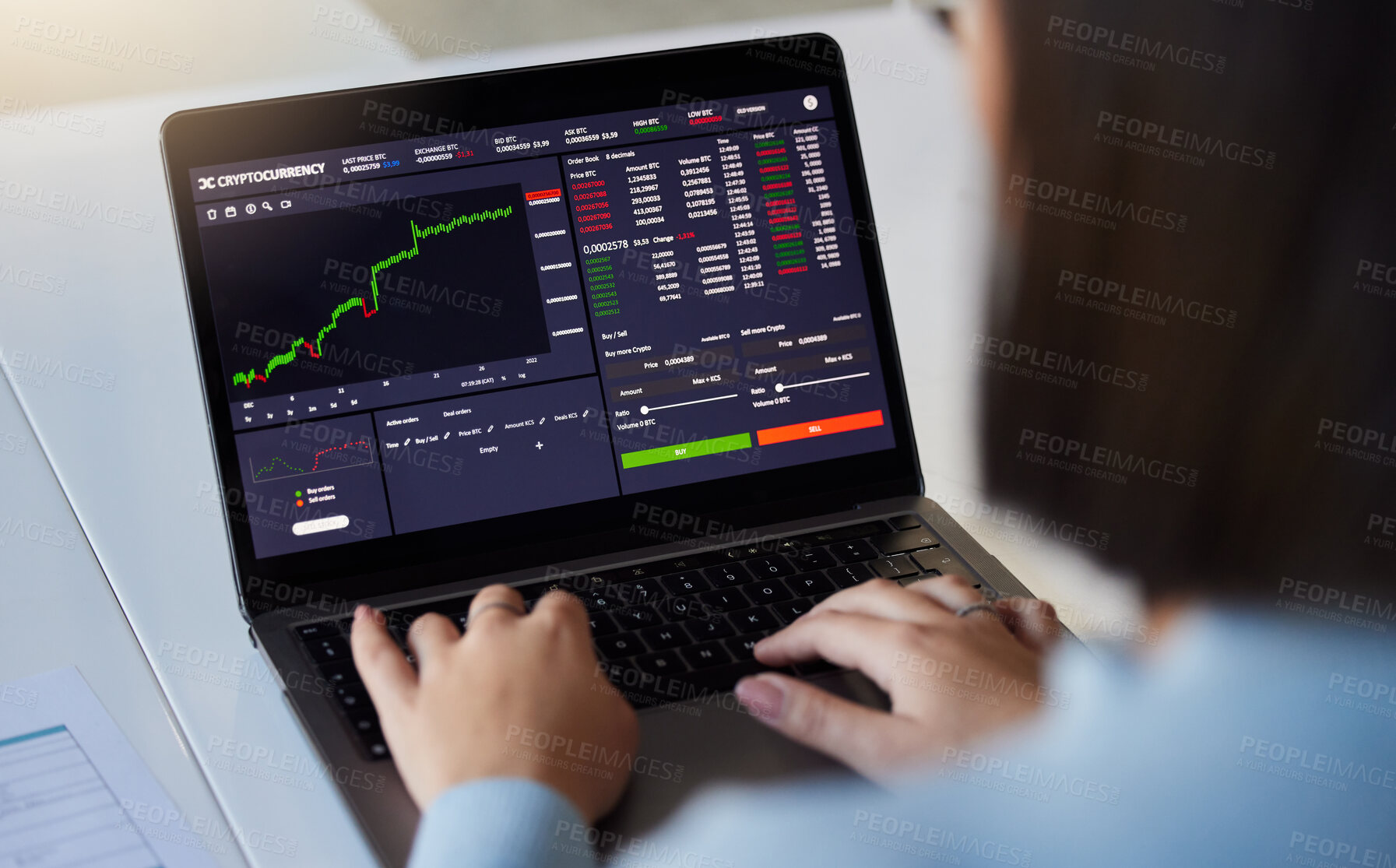 Buy stock photo Stock market, finance chart and woman on laptop for crypto, trading analysis and bitcoin screen. Fintech growth, ecommerce and girl on computer for financial statistics, profit and online investment