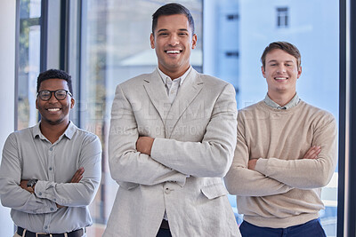 Buy stock photo Portrait, business people and diversity men with arms crossed for office management, happiness and pride. Happy group, teamwork and employees smile in collaboration, corporate partnership and trust 