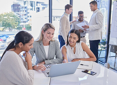 Buy stock photo Planning meeting, laptop and strategy team communication, discussion or conversation about brand design idea. Collaboration, teamwork and business people working, consulting or talking about project