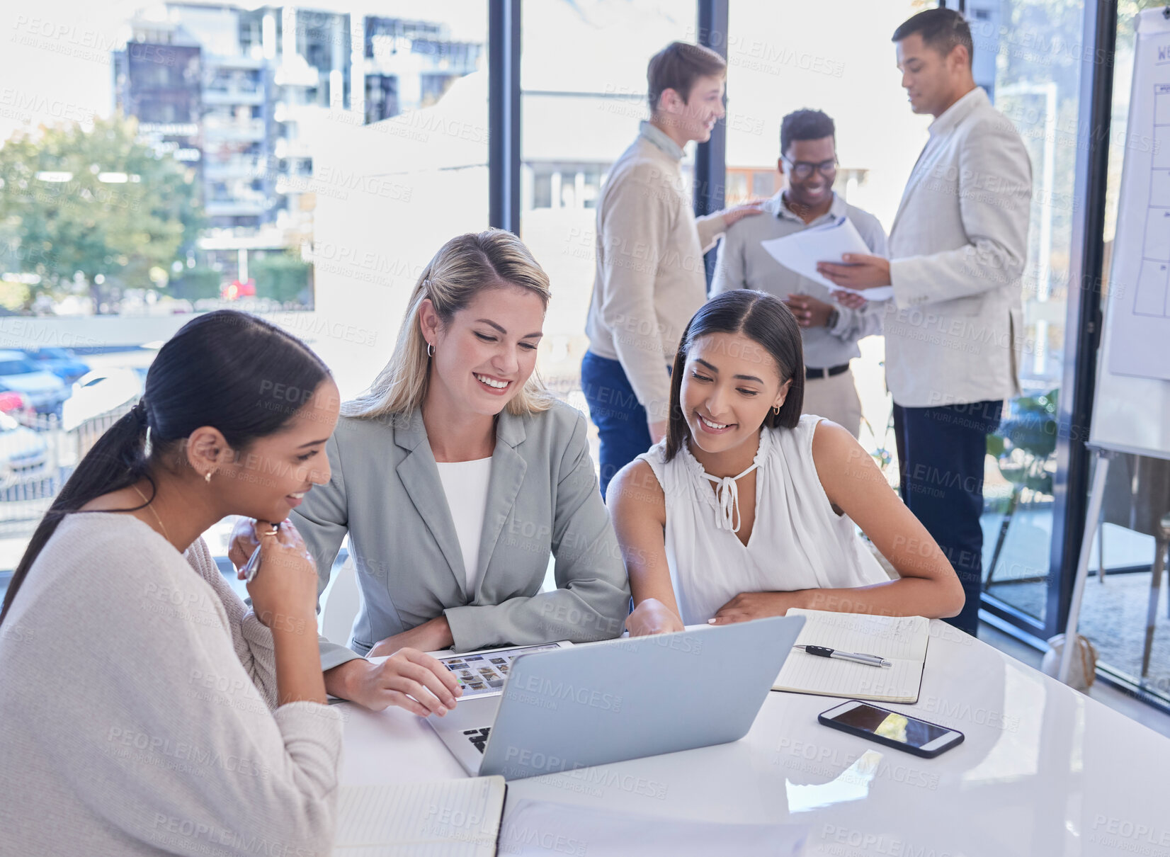 Buy stock photo Planning meeting, laptop and strategy team communication, discussion or conversation about brand design idea. Collaboration, teamwork and business people working, consulting or talking about project