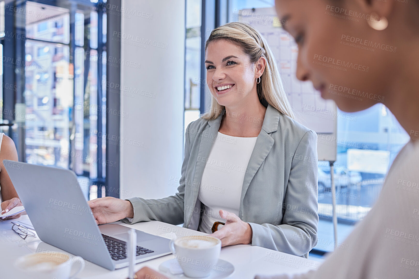 Buy stock photo Planning meeting, happy professional and woman cooperation of financial sales group on company finance budget review. Collaboration, project management and consulting business people working together