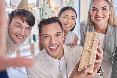 Buy stock photo Selfie, portrait and business people with a gift for a birthday, celebration or Christmas. Friends, happy and group of employees with a present at a company event, photo and together to celebrate