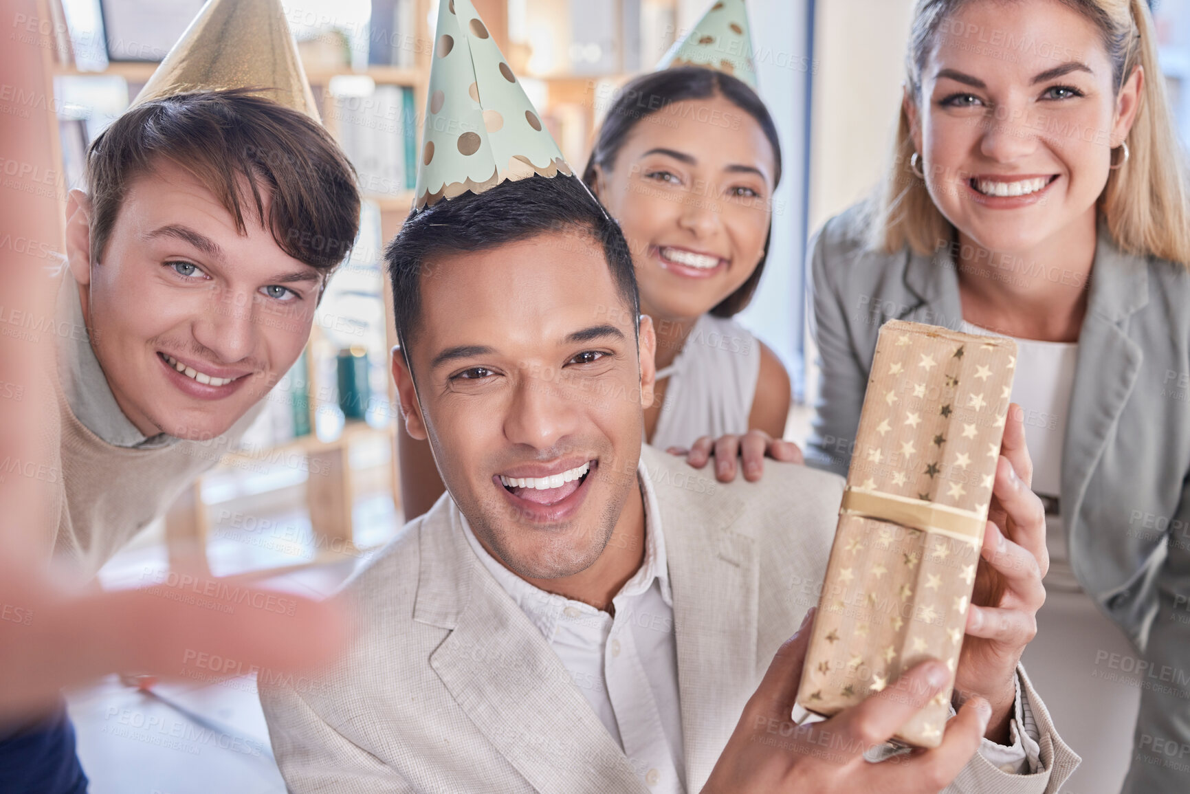 Buy stock photo Selfie, portrait and business people with a gift for a birthday, celebration or Christmas. Friends, happy and group of employees with a present at a company event, photo and together to celebrate