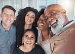 Office selfie, portrait or team building for about us profile picture in workplace with happy smile together. Teamwork, business, diversity or faces of group of people after fun collaboration meeting