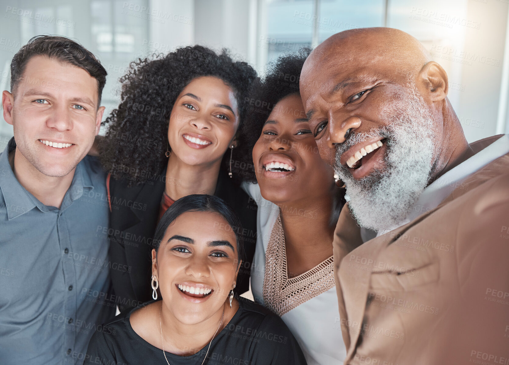 Buy stock photo Office selfie, portrait or team building for about us profile picture in workplace with happy smile together. Teamwork, business, diversity or faces of group of people after fun collaboration meeting