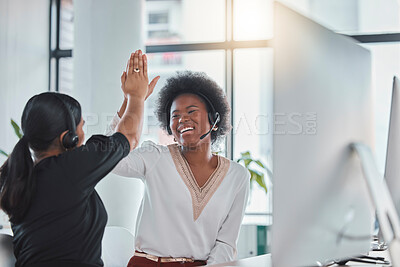 Buy stock photo Telemarketing, high five and women with success, customer service and achievement in workplace. Female employees, consultants and agents in office, celebration for target or happiness with motivation