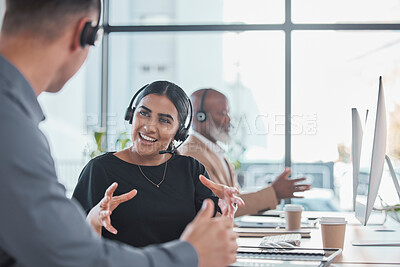 Buy stock photo Break, teamwork or people in call center talking in communications company workplace together. Crm customer services, help desk or happy sales agents, consultants or friends  relax and chat in office