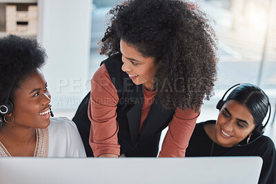 Buy stock photo Call center, mentor and training with people in office for sales, commitment and coaching. Advice, customer service and contact us with employee at computer for friendly, help desk and consulting