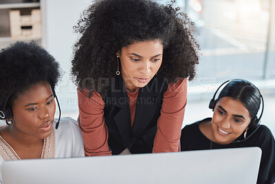 Buy stock photo Call center, mentor and coaching with people in office for training, commitment and teaching. Advice, customer service and contact us with employee at computer for friendly, help desk and consulting