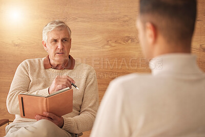 Buy stock photo Psychologist, counseling or man talking in therapy, mental healthcare or support in psychology consultation. Back view of patient speaking to listening senior therapist for medical help or advice 