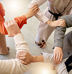 Teamwork, people or hands connected in meeting together planning business or group project for motivation. Top, support or employees in collaboration for our vision, strategy mission or target goals