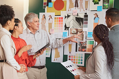 Buy stock photo People, ideas or fashion meeting planning clothing, fabrics or boutique clothes with teamwork together. Senior creative designers talking, speaking or working on group vision or strategy in office