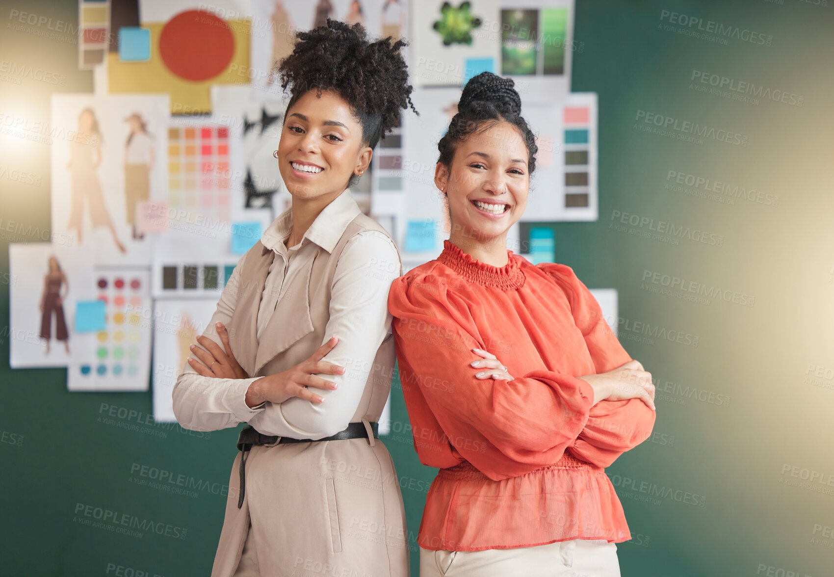 Buy stock photo Happy portrait, fashion or designer women in workshop studio for motivation, leadership or fabric industry. Small business, startup or proud creative employees smiling in luxury boutique together