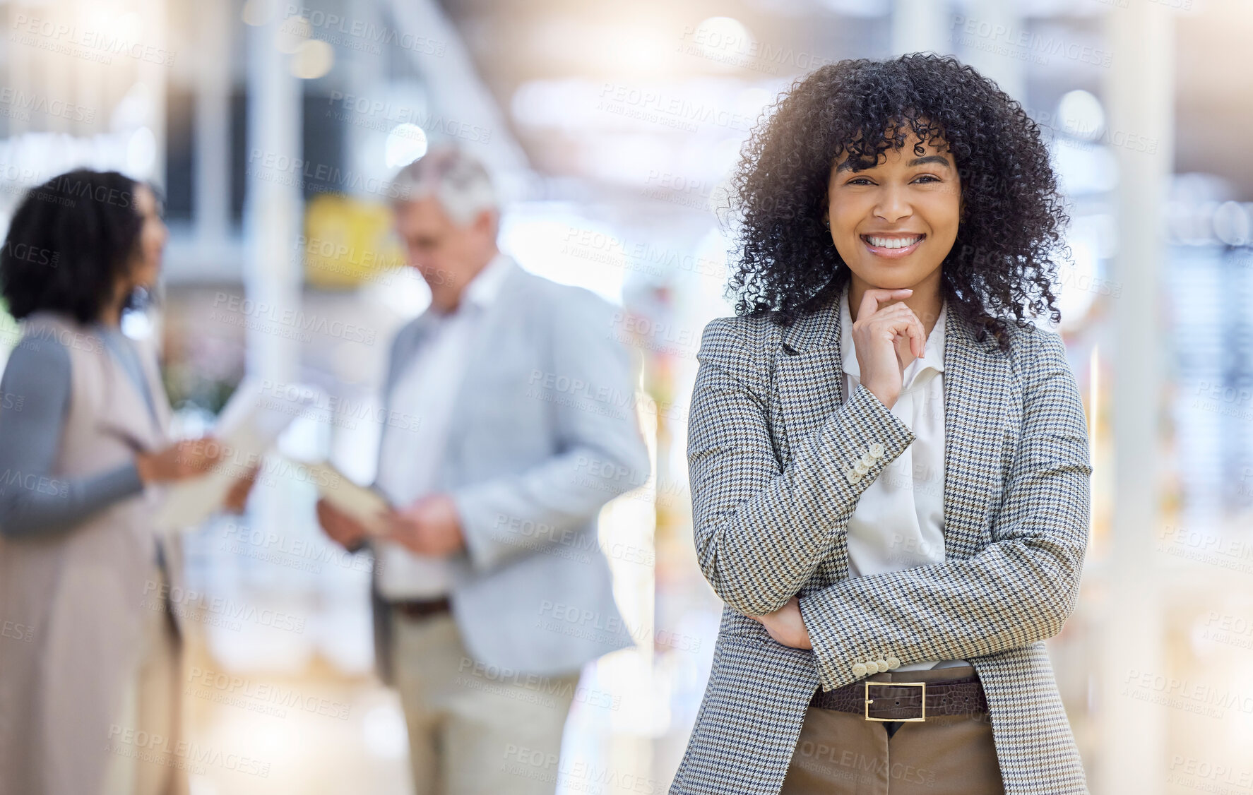 Buy stock photo Young business woman, portrait and smile of empowerment, motivation and confident project manager. Happy female employee standing in company for professional career, pride or happiness in busy office