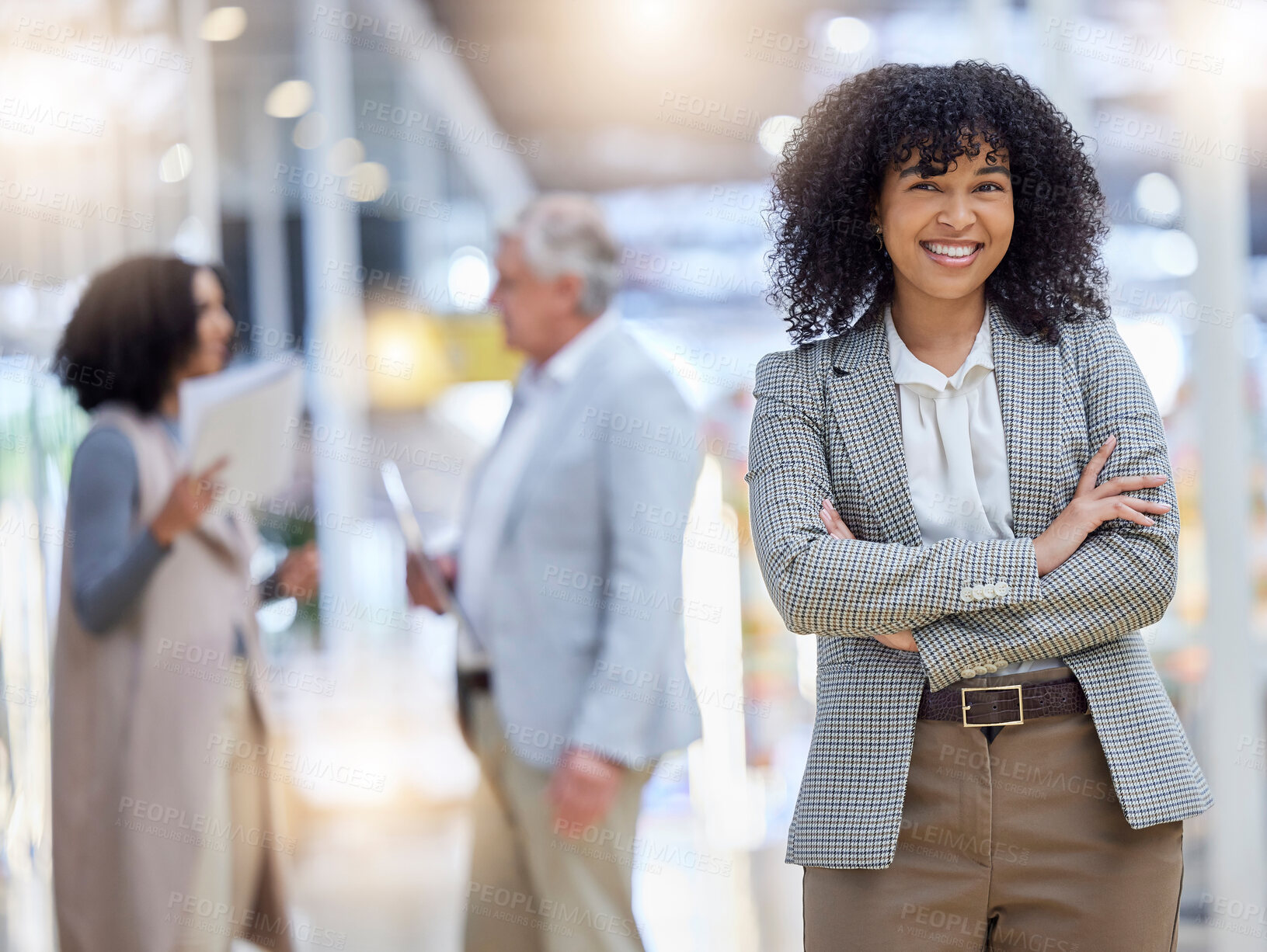 Buy stock photo Young business woman, portrait and arms crossed for empowerment, motivation and confident leader. Happy female employee standing in company for professional career, pride or happiness in busy office