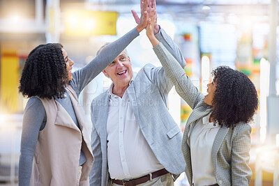 Buy stock photo High five, business people and support of hands in office of teamwork, motivation and collaboration. Diversity group, happy employees and celebration of success, winning deal or celebrate partnership