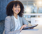 Office portrait, happy and woman with tablet for bank administration, finance review or budget funding analysis. Banking admin, financial advisor or professional biracial person with vocation pride