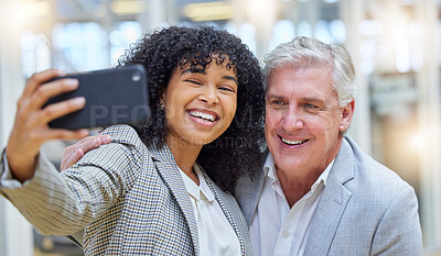 Buy stock photo Selfie, friends and employees with success, smile and executives with new project, development and profile picture for website. Coworkers, black woman or mature man with happiness, business or career