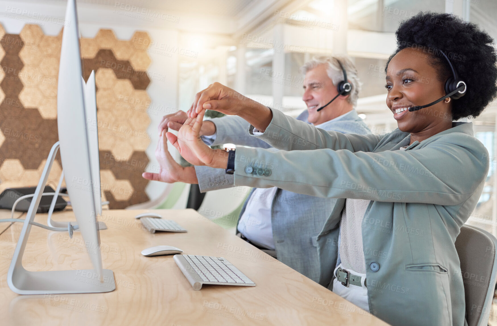 Buy stock photo Call center, black woman and employees stretching, customer service and happiness in office. African American female agent, wellness and coworkers stretch hands, smile and telemarketing in workplace