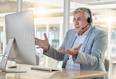 Buy stock photo Frustrated, confused and stress in call center, man with headset and contact us, CRM problem and computer glitch. Mature male employee, tech support mistake or software error in customer service