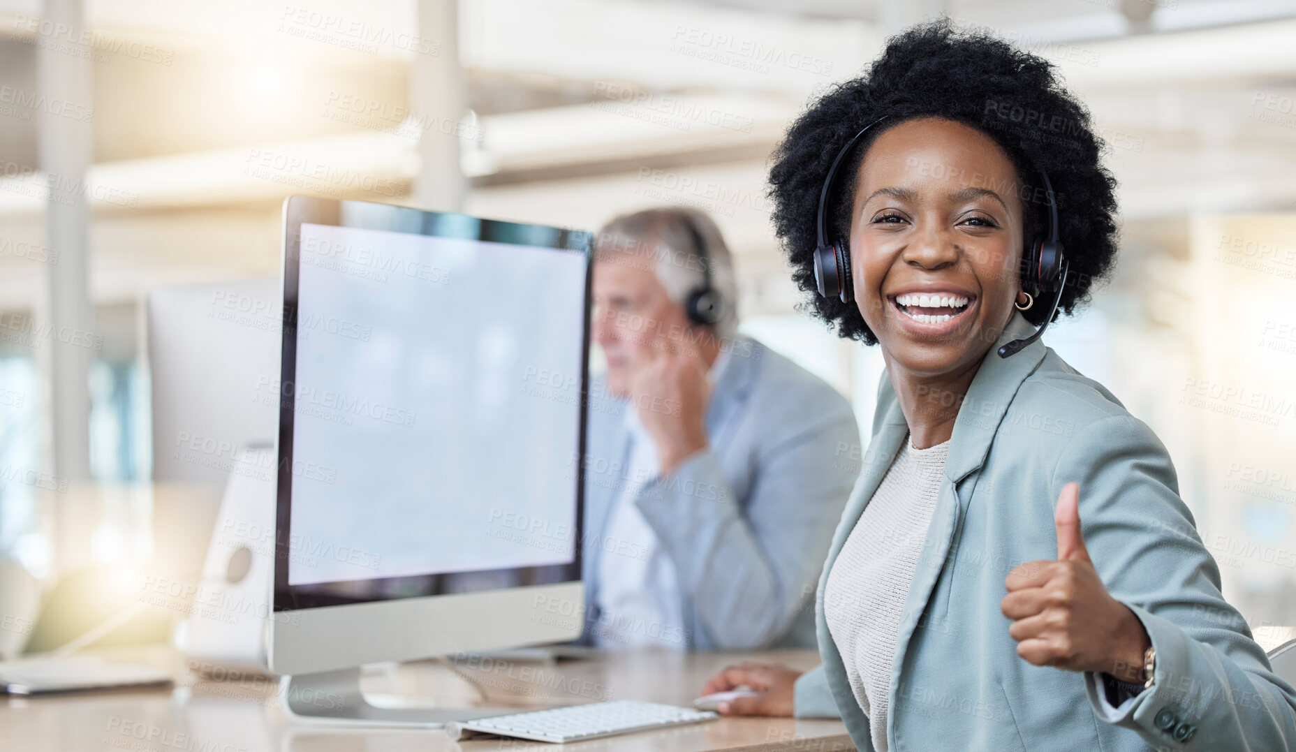 Buy stock photo Laughing, portrait and black woman in a call center with a thumbs up for online support and thank you. Smile, success and African customer service worker with an emoji hand gesture for achievement