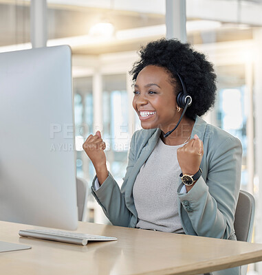 Buy stock photo Call center, success and black woman consultant in the office in celebration for achievement. Happy, celebrate and professional African female customer service representative on online consultation.