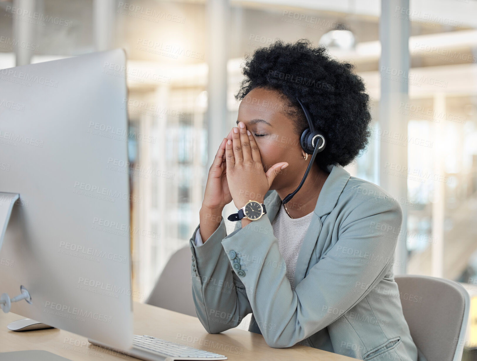 Buy stock photo Sad, tired call center woman stress, fatigue or anxiety in telemarketing fail, career risk or work crisis. Professional consultant, agent or person with headache, mental health problem or depression