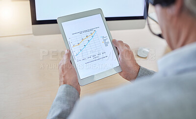 Buy stock photo Online education, tablet data and hands of call center agent, consultant or teacher with e learning statistics. Person lines graph, chart or numbers for digital course, review or analysis on screen