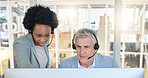 Help desk, teamwork and opinion, black woman with man at computer at call center. Customer service consultant team at online office, support and training at advisory agency with diversity and trust.