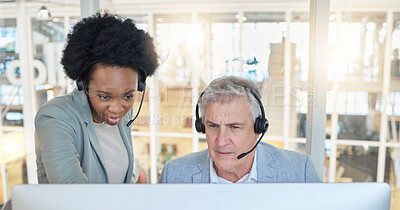 Buy stock photo Help desk, teamwork and opinion, black woman with man at computer at call center. Customer service consultant team at online office, support and training at advisory agency with diversity and trust.