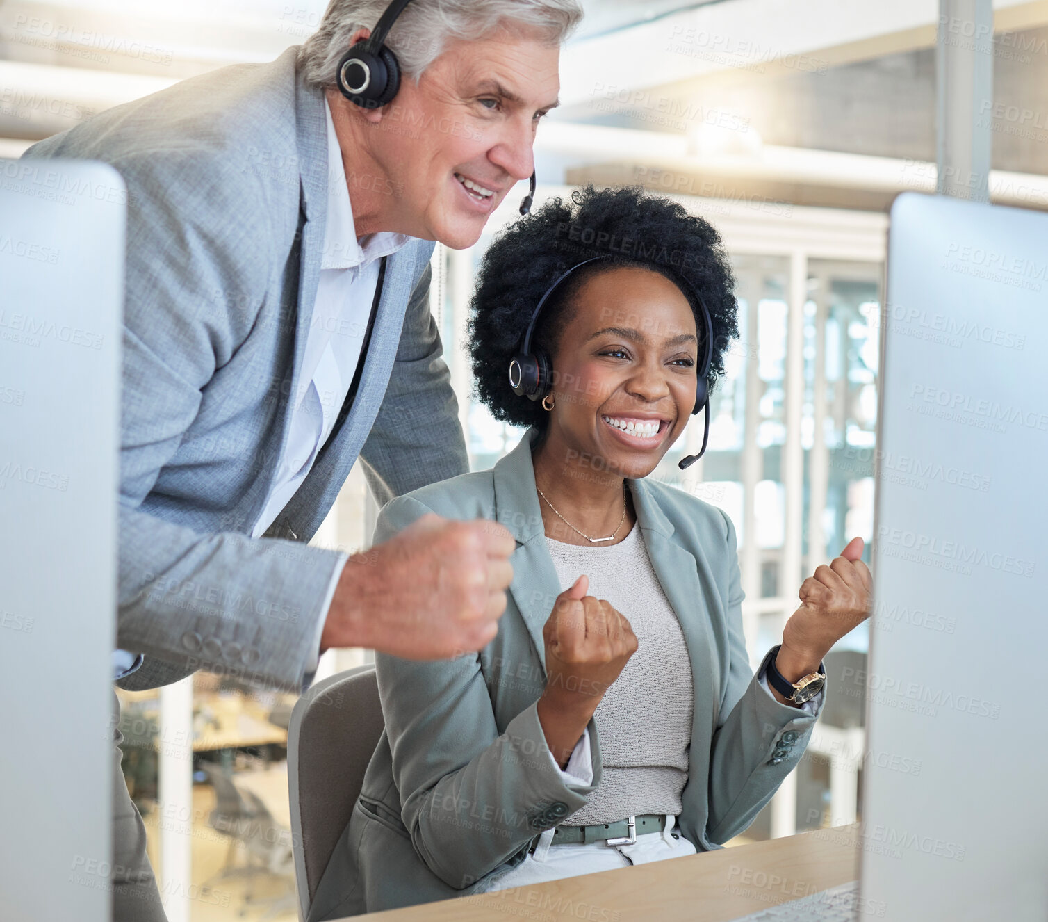 Buy stock photo Call center, winning business people and success, fist pump or achievement of telemarketing sales, profit or target goals. Professional consultant, agent or winner employees yes for bonus on computer