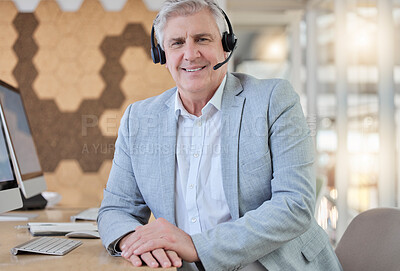 Buy stock photo Callcenter, smile and portrait of senior man with headset, computer and confidence in consulting office. Ceo, help desk and mature businessman at advisory agency, contact us and crm networking online