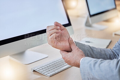 Buy stock photo Hand, arthritis and joint pain with a business man in his office, sitting at a desk suffering from carpal tunnel. Stress, medical or anatomy and a male employee struggling with osteoporosis or injury