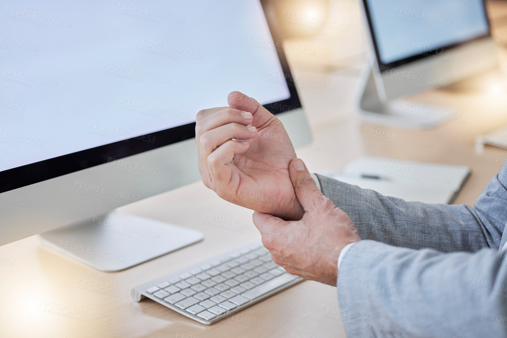 Buy stock photo Hand, arthritis and joint pain with a business man in his office, sitting at a desk suffering from carpal tunnel. Stress, medical or anatomy and a male employee struggling with osteoporosis or injury